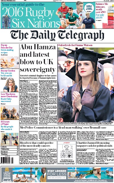 The Daily Telegraph Newspaper Front Page for 6 February 2016