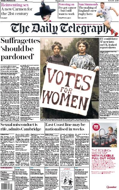 The Daily Telegraph Newspaper Front Page for 6 February 2018