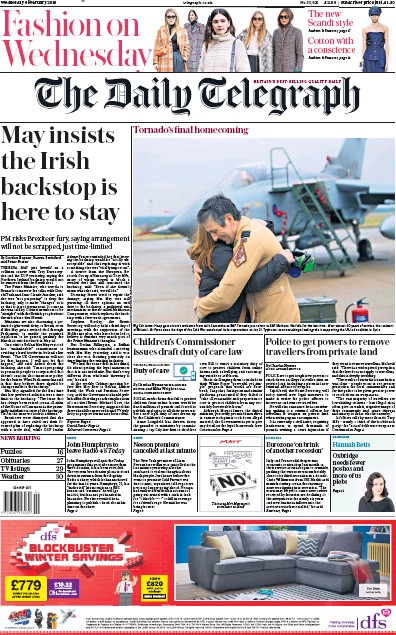 The Daily Telegraph Newspaper Front Page for 6 February 2019