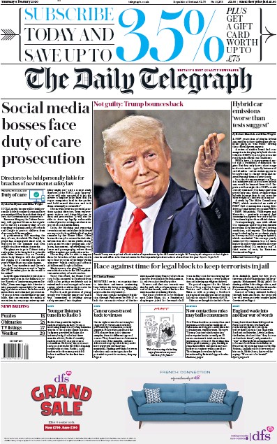 The Daily Telegraph Newspaper Front Page for 6 February 2020
