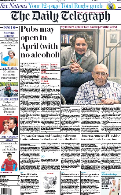 The Daily Telegraph Newspaper Front Page for 6 February 2021