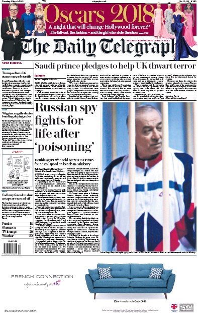 The Daily Telegraph (UK) Newspaper Front Page for 6 March 2018