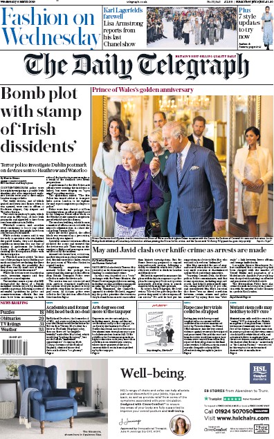 The Daily Telegraph Newspaper Front Page for 6 March 2019