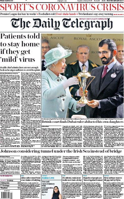The Daily Telegraph Newspaper Front Page for 6 March 2020