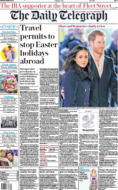 The Daily Telegraph (UK) Newspaper Front Page for 6 March 2021