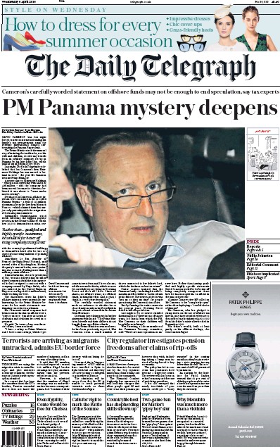 The Daily Telegraph Newspaper Front Page for 6 April 2016