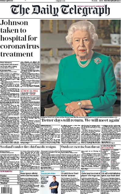 The Daily Telegraph (UK) Newspaper Front Page for 6 April 2020