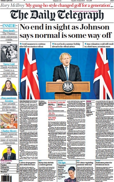 The Daily Telegraph (UK) Newspaper Front Page for 6 April 2021