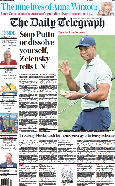 The Daily Telegraph (UK) Newspaper Front Page for 6 April 2022