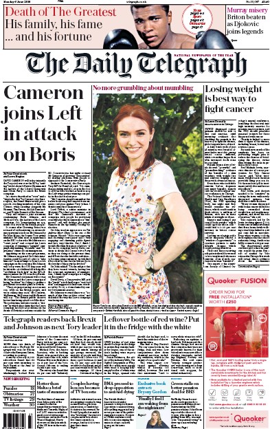 The Daily Telegraph (UK) Newspaper Front Page for 6 June 2016