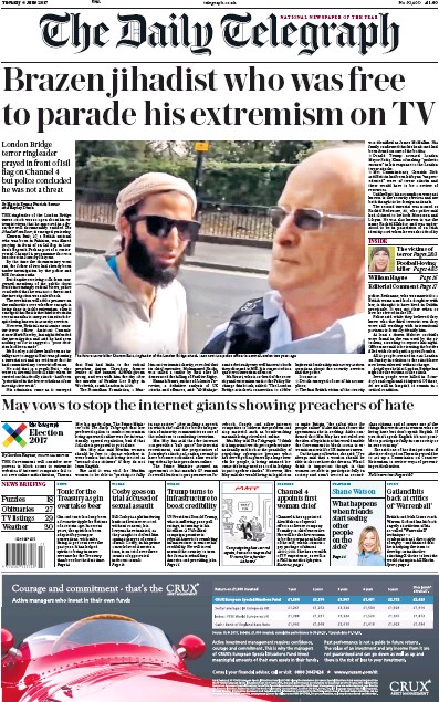 The Daily Telegraph Newspaper Front Page for 6 June 2017