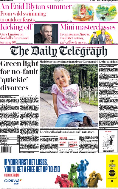The Daily Telegraph (UK) Newspaper Front Page for 6 June 2020