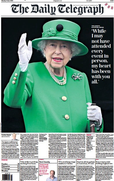 The Daily Telegraph (UK) Newspaper Front Page for 6 June 2022