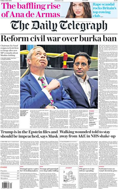 The Daily Telegraph (UK) Newspaper Front Page for 6 June 2025