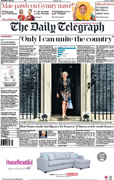 The Daily Telegraph Newspaper Front Page for 6 July 2016