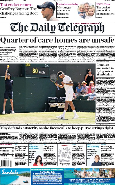 The Daily Telegraph Newspaper Front Page for 6 July 2017
