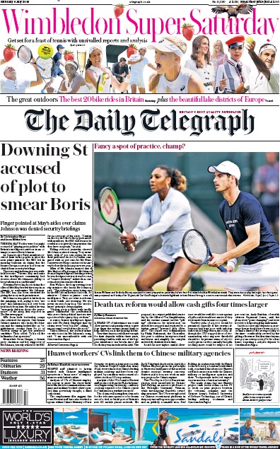 The Daily Telegraph Newspaper Front Page for 6 July 2019