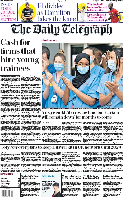 The Daily Telegraph (UK) Newspaper Front Page for 6 July 2020