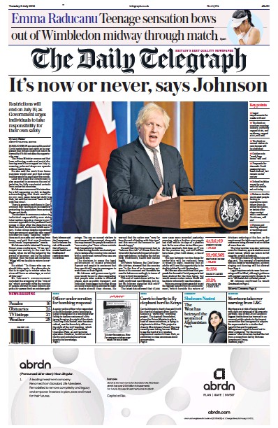 The Daily Telegraph (UK) Newspaper Front Page for 6 July 2021