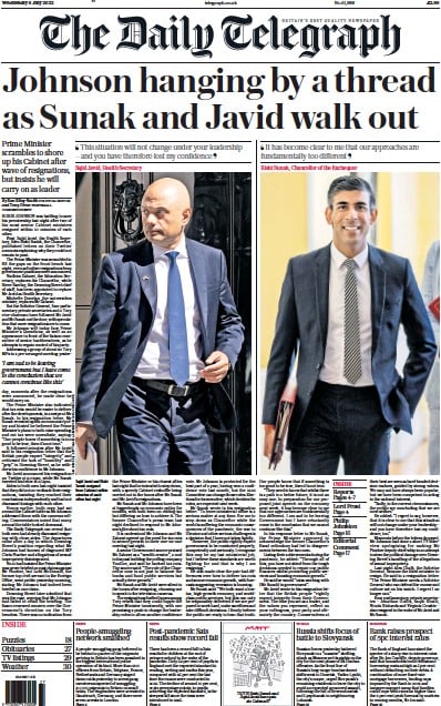 The Daily Telegraph (UK) Newspaper Front Page for 6 July 2022