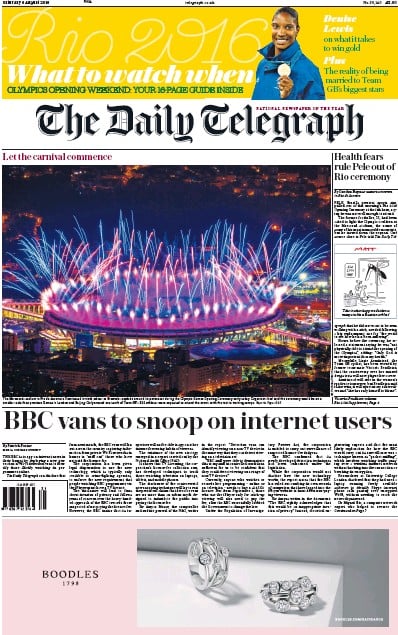 The Daily Telegraph Newspaper Front Page for 6 August 2016