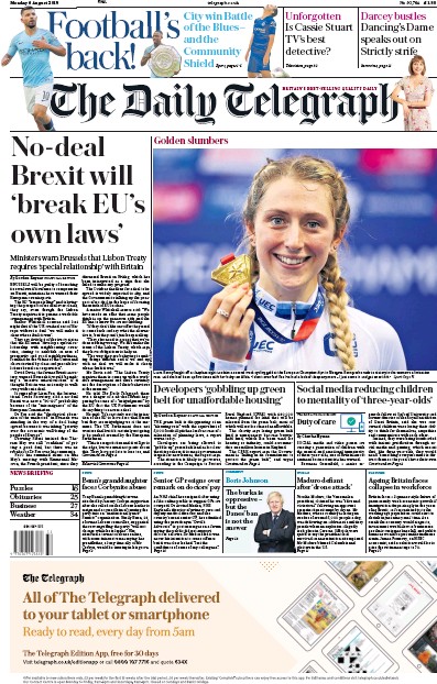 The Daily Telegraph Newspaper Front Page for 6 August 2018