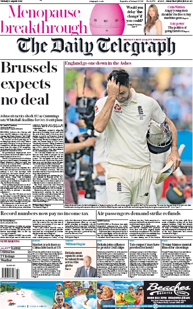 The Daily Telegraph Newspaper Front Page for 6 August 2019