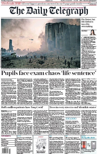 The Daily Telegraph (UK) Newspaper Front Page for 6 August 2020