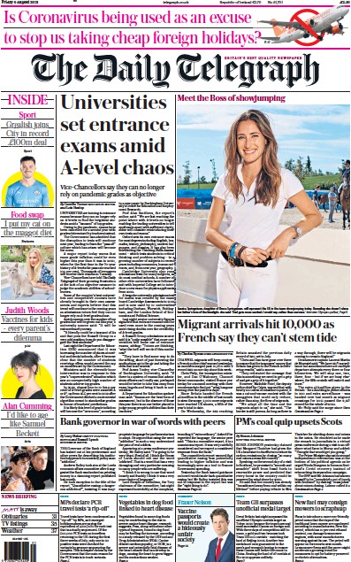 The Daily Telegraph (UK) Newspaper Front Page for 6 August 2021