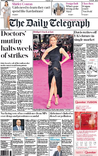 The Daily Telegraph (UK) Newspaper Front Page for 6 September 2016