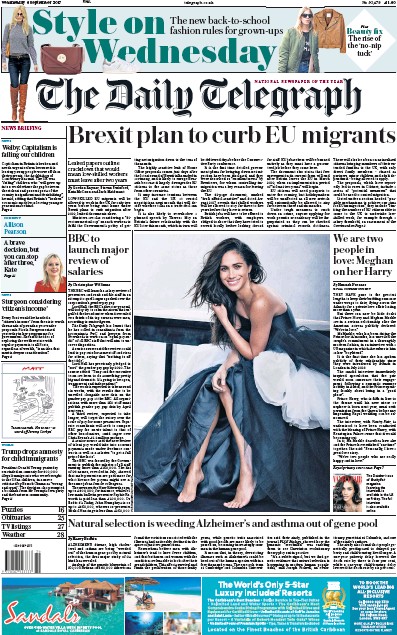 The Daily Telegraph Newspaper Front Page for 6 September 2017