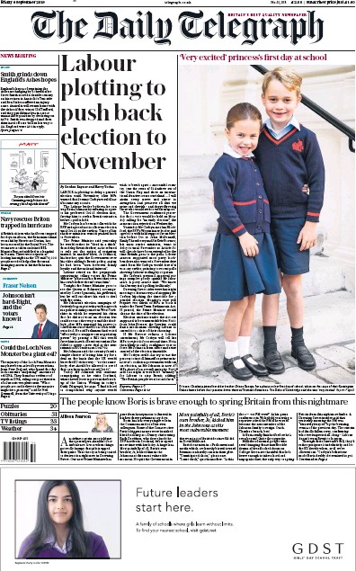 The Daily Telegraph Newspaper Front Page for 6 September 2019