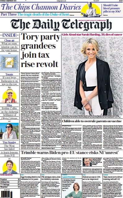 The Daily Telegraph (UK) Newspaper Front Page for 6 September 2021