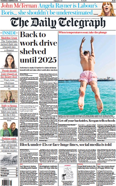 The Daily Telegraph (UK) Newspaper Front Page for 6 September 2023