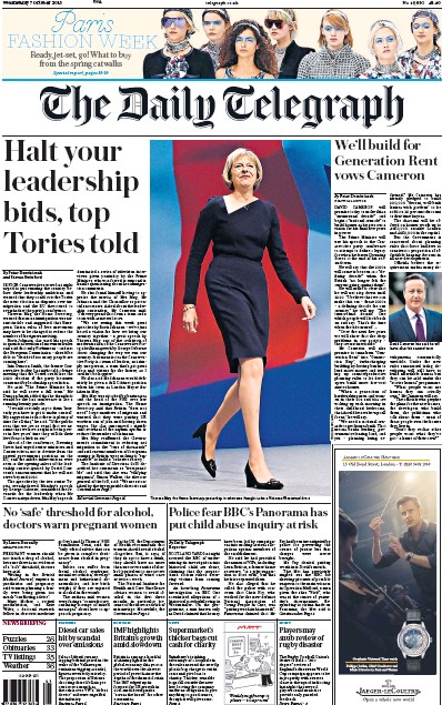 The Daily Telegraph Newspaper Front Page for 7 October 2015