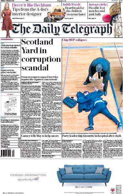 The Daily Telegraph Newspaper Front Page for 7 October 2016