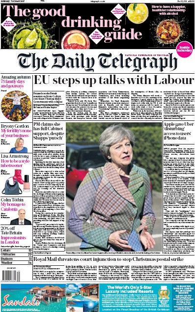 The Daily Telegraph Newspaper Front Page for 7 October 2017
