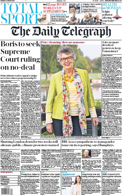 The Daily Telegraph Newspaper Front Page for 7 October 2019