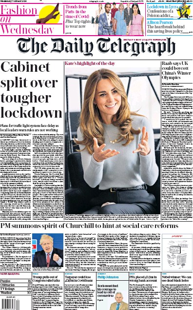 The Daily Telegraph Newspaper Front Page for 7 October 2020