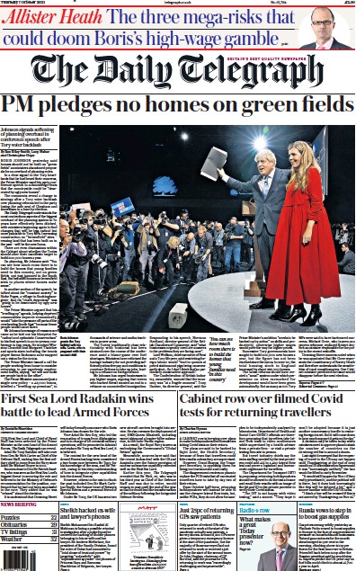 The Daily Telegraph (UK) Newspaper Front Page for 7 October 2021