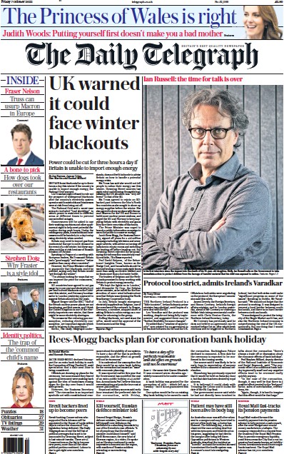 The Daily Telegraph Newspaper Front Page for 7 October 2022