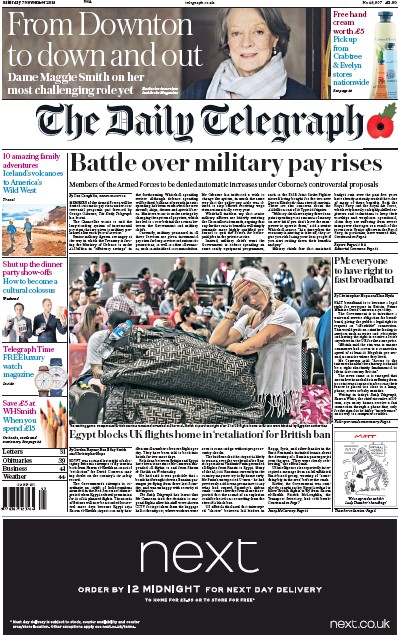 The Daily Telegraph Newspaper Front Page for 7 November 2015