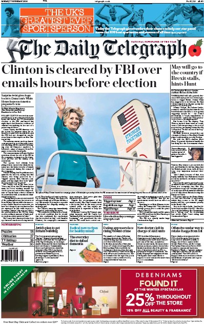 The Daily Telegraph Newspaper Front Page for 7 November 2016