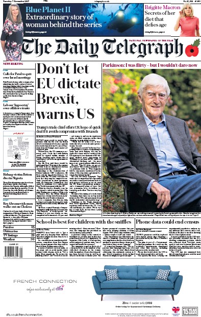The Daily Telegraph Newspaper Front Page for 7 November 2017