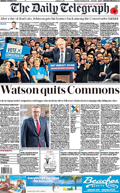 The Daily Telegraph Newspaper Front Page for 7 November 2019