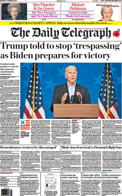 The Daily Telegraph Newspaper Front Page for 7 November 2020