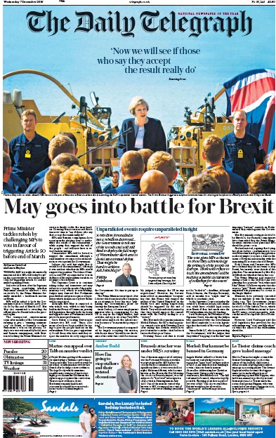 The Daily Telegraph Newspaper Front Page for 7 December 2016