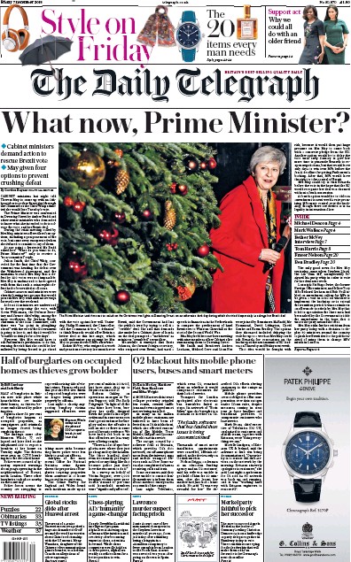 The Daily Telegraph (UK) Newspaper Front Page for 7 December 2018