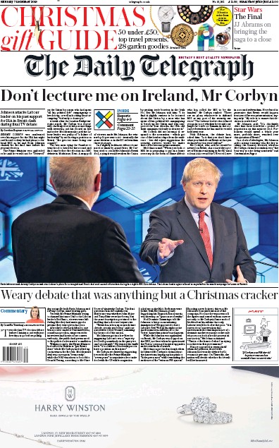 The Daily Telegraph Newspaper Front Page for 7 December 2019