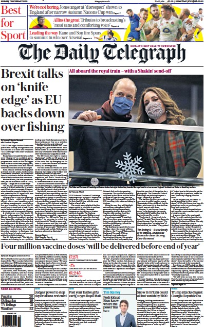 The Daily Telegraph Newspaper Front Page for 7 December 2020